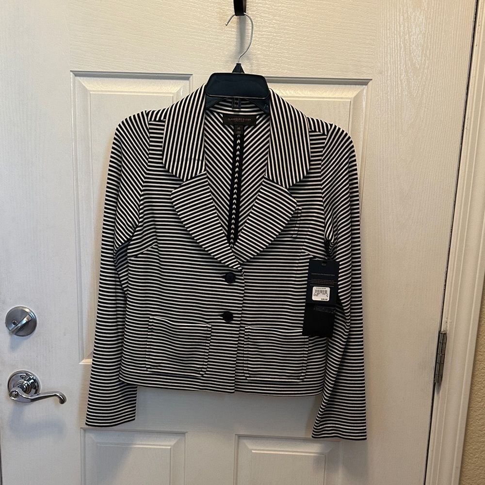 Classiques Entier Black and Cream Striped Knit Blazer, NWT